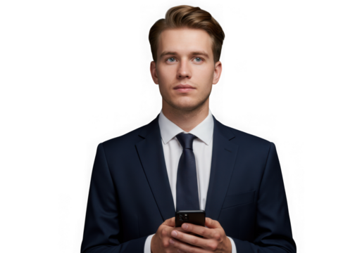 Young businessman holding a smartphone isolated on transparent background
