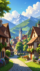 Charming mountain village street scene