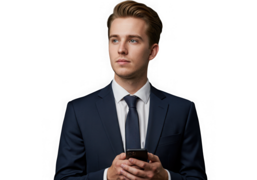 Young businessman holding smartphone isolated on transparent background