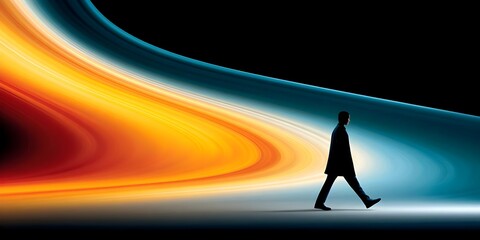 Silhouette of a person walking through vibrant abstract waves