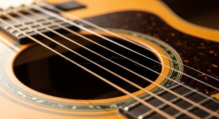 Obraz premium Close up view of acoustic guitar strings and sound hole.
