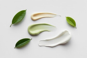 Nature's Palette: A collection of cosmetic cream swatches, each boasting a unique hue alongside fresh, verdant leaves, harmoniously placed against a soft backdrop.