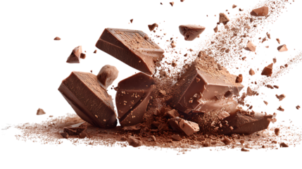 Broken chocolate pieces and powder flying isolated on white background. 