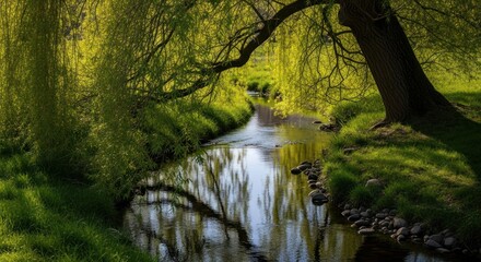 Serene Willow Tree Overhanging Creek, Reflecting Sunlight, Nature's Tranquility.