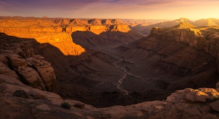 Fototapeta premium Golden hour light illuminates a vast, rugged canyon, casting dramatic shadows across ancient rock formations, highlighting the immense scale and serene natural beauty