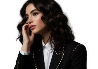 Young woman in black blazer and white shirt talking on phone isolated on transparent background