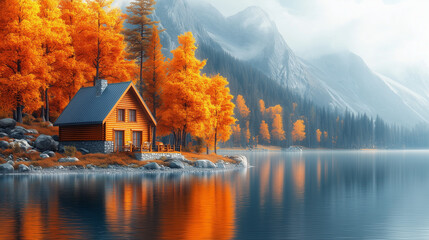 Fototapeta premium A cozy wooden cabin sits peacefully beside a calm mountain lake, surrounded by vibrant autumn trees under a clear sky.