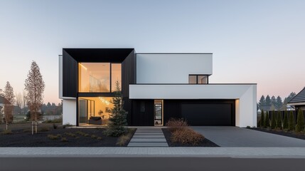 Luxury modern house with minimalist design and illuminated entrance