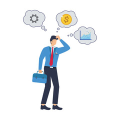 Flat illustration of businessman contemplates with multiple thinking bubbles feeling overwhelmed by various ideas and issues stock illustration