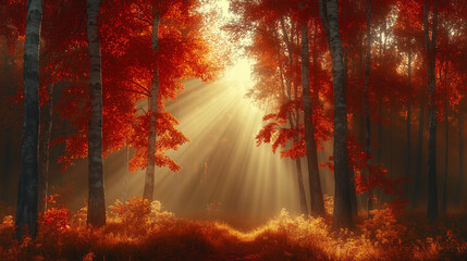 Golden sun rays illuminate a vibrant autumn forest, casting a warm glow on red and orange leaves of tall trees.
