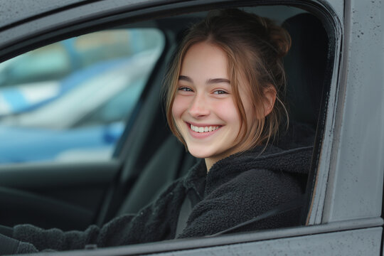 Smiling young woman sitting in the driver’s seat of a white training car during a driving lesson