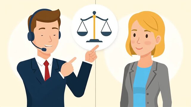Customer Support Agent Providing Legal Consultation Service to Business Client with Scales of Justice Icon in Flat Design Illustration for Corporate and Marketing Use