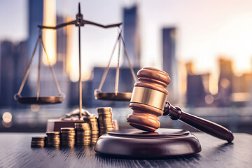 Justice Scales and Gavel on a Tabletop, Representing Legal Concepts. AI Generated 