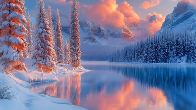 Winter forest by a calm lake with snow-covered trees and majestic mountains reflecting the beautiful pink sunrise sky. - Powered by Adobe