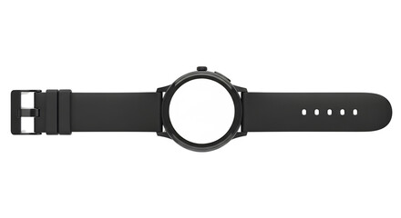 Sleek black smartwatch case and strap, isolated on white & transparent background, perfect for product mockups, tech advertisements, or digital watch face designs.