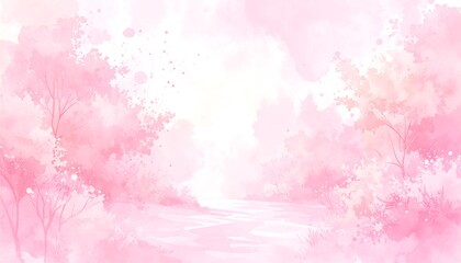 Soft watercolor painting of a pink forest with a path leading towards a bright, ethereal light
