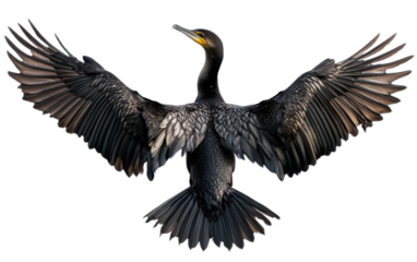 Cormorant spreading its wings on transparent background, png