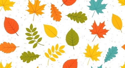 Obraz premium Seamless pattern of colorful autumn leaves in various shapes and sizes, isolated on a white background, perfect for seasonal design projects