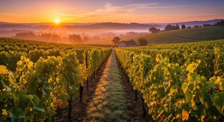 Naklejka premium Serene Sunrise over Vineyard Rows: Golden Hour Light Illuminates Rustic Farmhouse