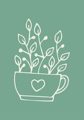 Illustration Hand Draw Doodle Tea Coffee Cup with Hearts and Plants on Green Background