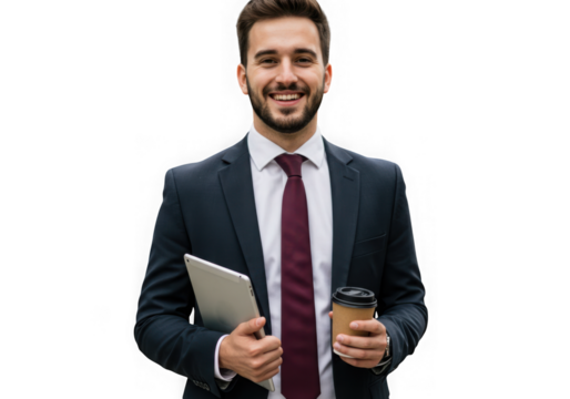 Smiling businessman holding tablet and coffee isolated on transparent background