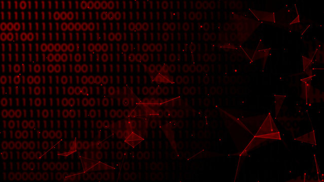 Red digital technology background with binary numbers and connecting dots and lines design 