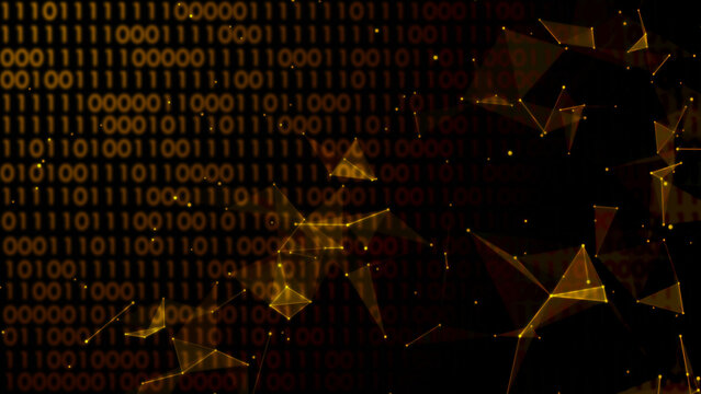 Golden yellow digital technology background with binary numbers and connecting dots and lines design 