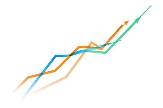 Three overlapping colorful line graphs with upward trending arrows on a white background chart data