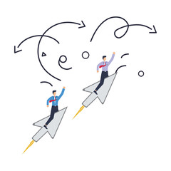 Flat illustration of business people flying on paper planes leadership direction career growth ambition achieve goal motivation and innovative success stock illustration