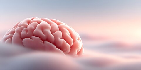 Surreal brain emerging from soft clouds at dawn