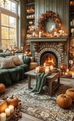 Cozy Autumn Living Room Decorated With Pumpkins and Candles During Sunset.
