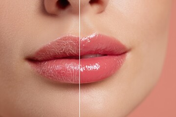 Before and after comparison of woman lips with cosmetic lip treatment