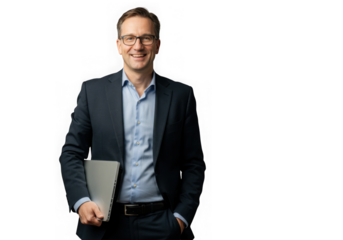 Smiling businessman in suit holding a laptop isolated on transparent background