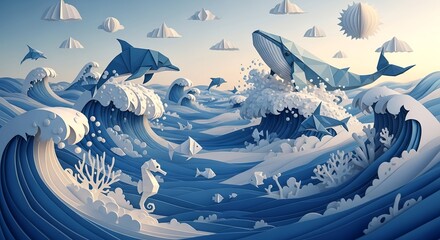 Playful origami dolphins and whales frolic in dynamic paper ocean waves with marine life