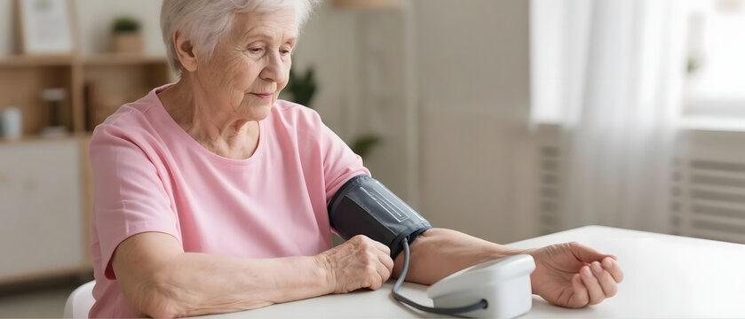 Elderly woman measuring blood pressure