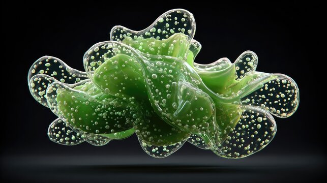 Abstract, bioluminescent, green, organic form with bubbles - Powered by Adobe