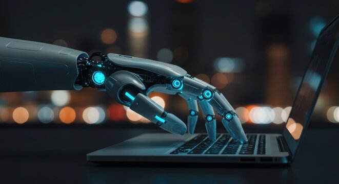 Robot hand typing on a laptop with blurred city lights background - Powered by Adobe