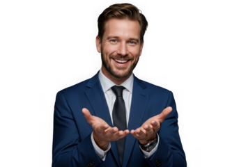 Smiling businessman offering something isolated on transparent background