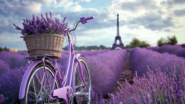 Bicycle with basket in lavender field in Provence. Selective focus. Nature.
