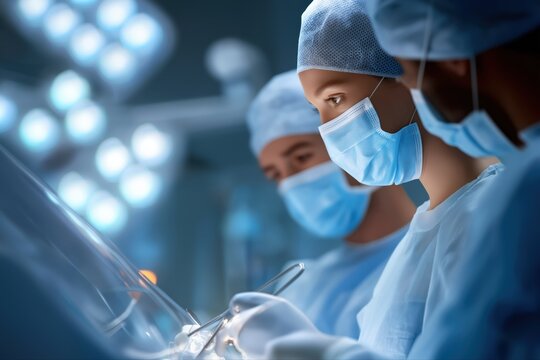 Focused surgical team in action: diverse young and adult healthcare professionals