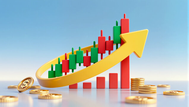 Stock market growth concept with candlestick chart and rising arrow