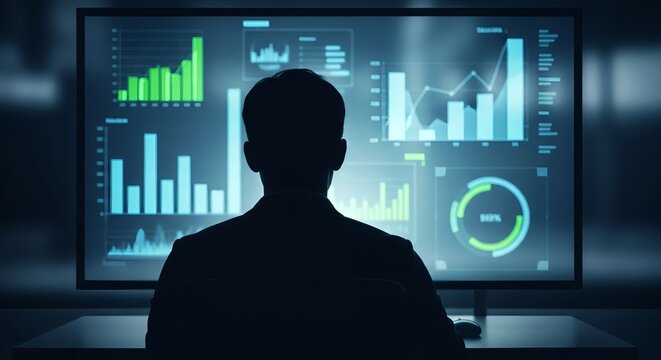 Focused businessman analyzes glowing digital data charts on modern computer screen at night