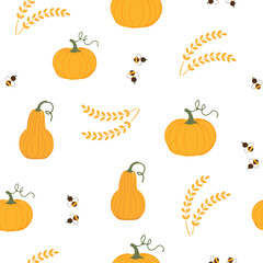 Halloween seamless design, pattern with hat, branches, moon, month, leaves, pumpkins.	