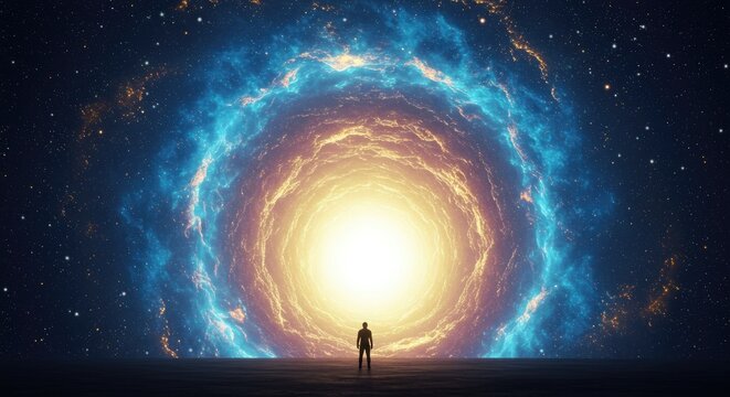 Silhouette of person facing a glowing cosmic portal in space - Powered by Adobe