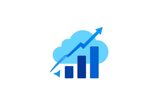 Blue cloud with a rising bar graph and upward trending arrow on a white background cloud computing data analytics