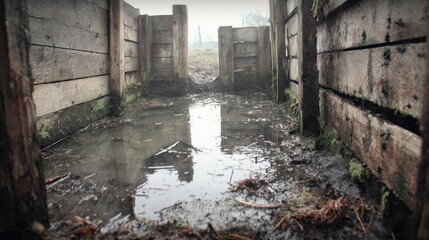 Serene Muddy Trench with Wooden Walls in Foggy Weather