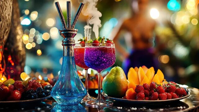 Beautiful fruit hookah on the background of the bar. Selective focus. relax.