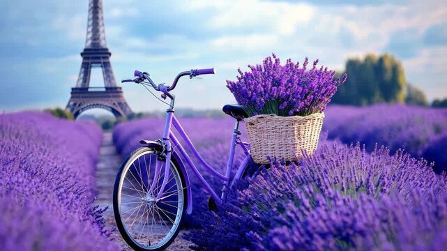 Bicycle with basket in lavender field in Provence. Selective focus. Nature.
