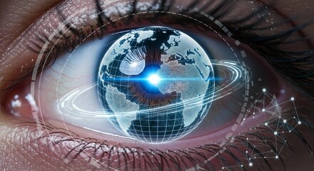 Global vision data streams analyzed through human eye with futuristic digital interface overlay