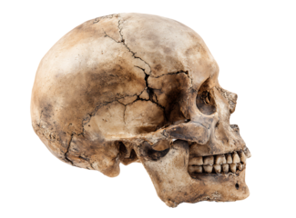 Side view of ancient human skull showing cracks and wear fossilized remains bone structure anthropology